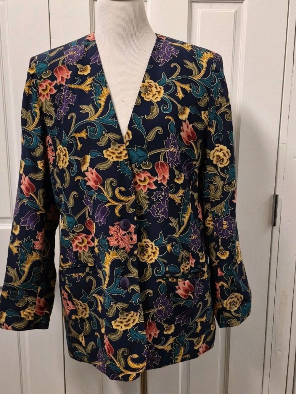 Vintage 80's Silk Blazer Size L Blue Purple Teal Gold Floral Print‎ Fully Lined